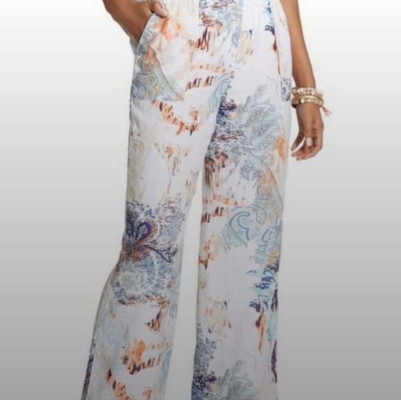 Chico's Women's Paisley Print Wide-Leg Linen Boho Pants Coastal Grandma Sz L/XL - Picture 1 of 6